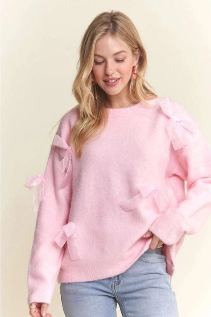 Bow Applique Soft Sweater Drop Shoulder Cozy Knit Charm PINK