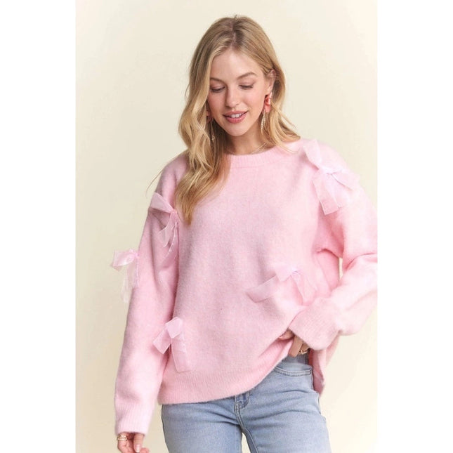 Bow Applique Soft Sweater Drop Shoulder Cozy Knit Charm PINK