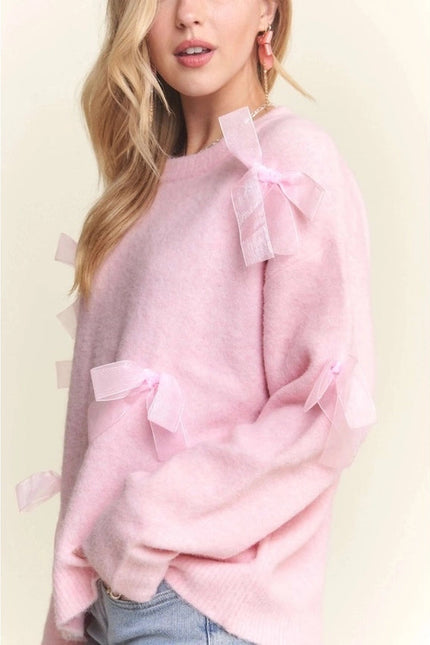 Bow Applique Soft Sweater Drop Shoulder Cozy Knit Charm PINK