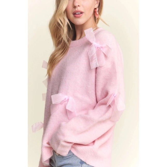 Bow Applique Soft Sweater Drop Shoulder Cozy Knit Charm PINK