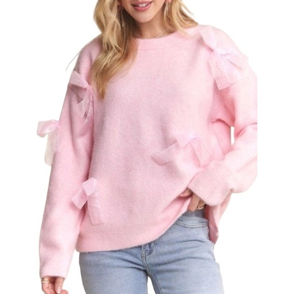 Bow Applique Soft Sweater Drop Shoulder Cozy Knit Charm PINK