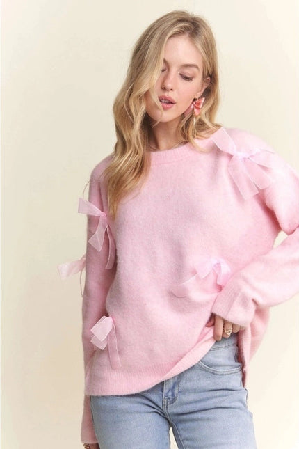 Bow Applique Soft Sweater Drop Shoulder Cozy Knit Charm PINK