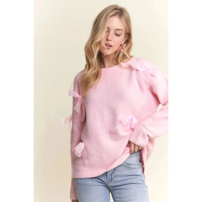 Bow Applique Soft Sweater Drop Shoulder Cozy Knit Charm PINK