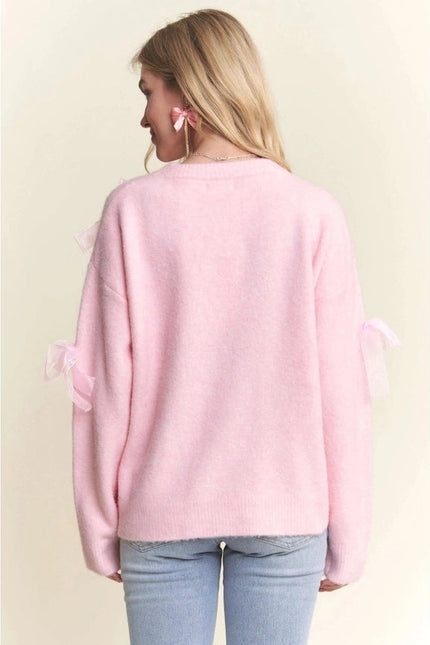 Bow Applique Soft Sweater Drop Shoulder Cozy Knit Charm PINK