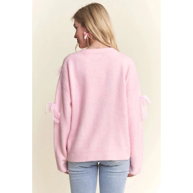 Bow Applique Soft Sweater Drop Shoulder Cozy Knit Charm PINK