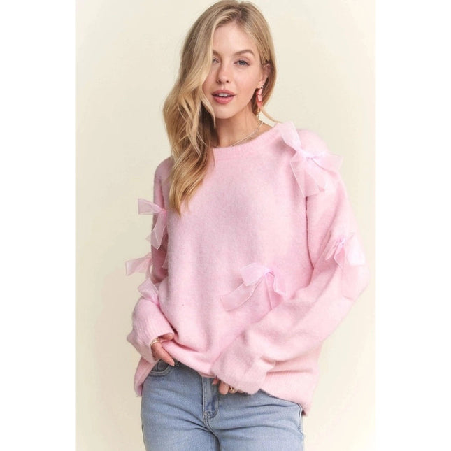 Bow Applique Soft Sweater Drop Shoulder Cozy Knit Charm PINK