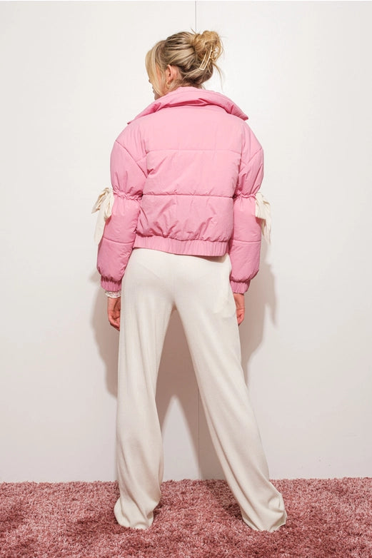 Bow Puffer Jacket Pink