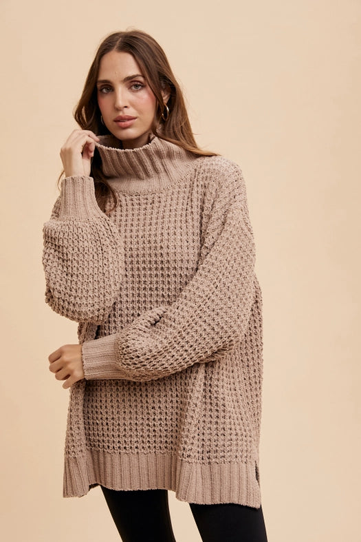 Box Weave Chunky Turtleneck Sweater Beige