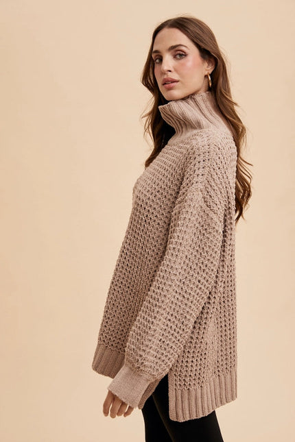 Box Weave Chunky Turtleneck Sweater Beige