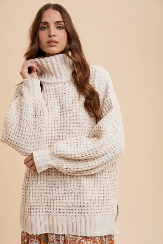 Box Weave Chunky Turtleneck Sweater CREME