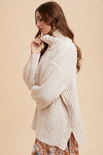 Box Weave Chunky Turtleneck Sweater CREME