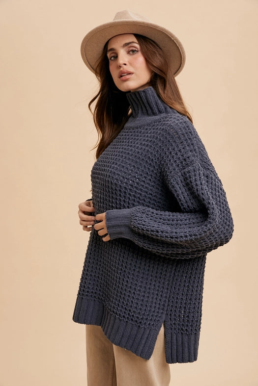 Box Weave Chunky Turtleneck Sweater LAVA SMOKE