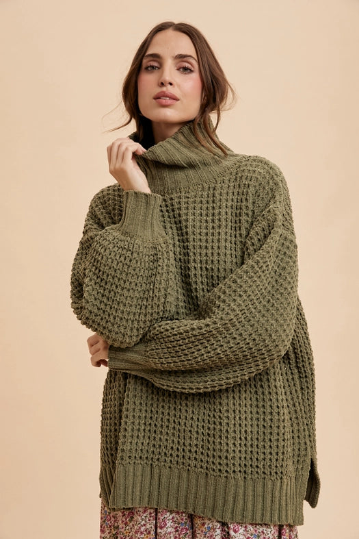 Box Weave Chunky Turtleneck Sweater OLIVE