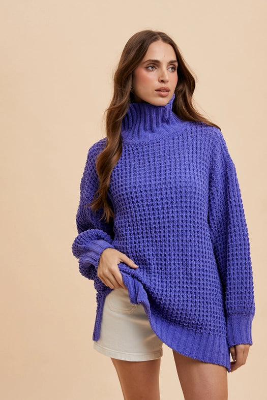 Box Weave Chunky Turtleneck Sweater PERIWINKLE