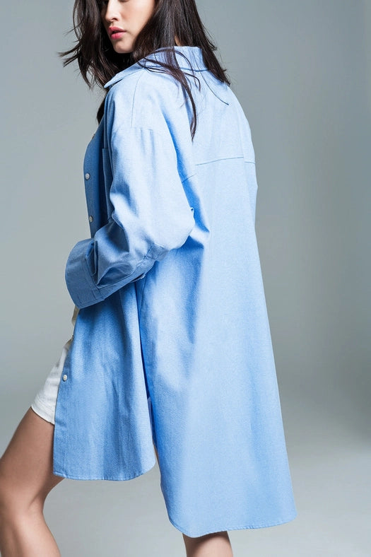 Boyfriend Cut Shirt with 3/4 Sleeve in Baby Blue