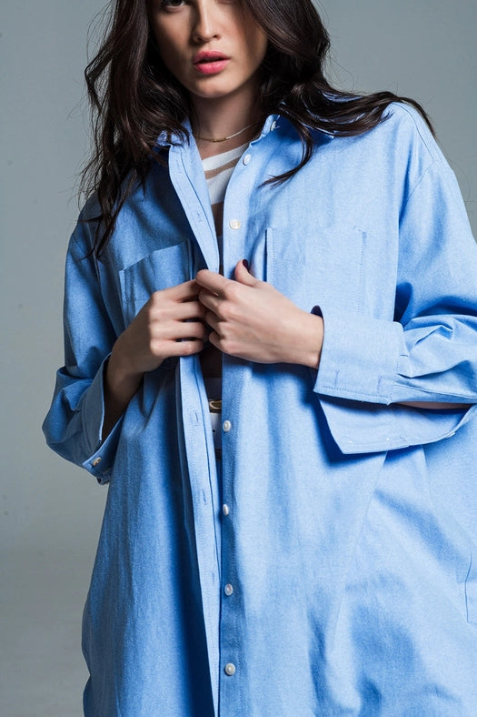 Boyfriend Cut Shirt with 3/4 Sleeve in Baby Blue