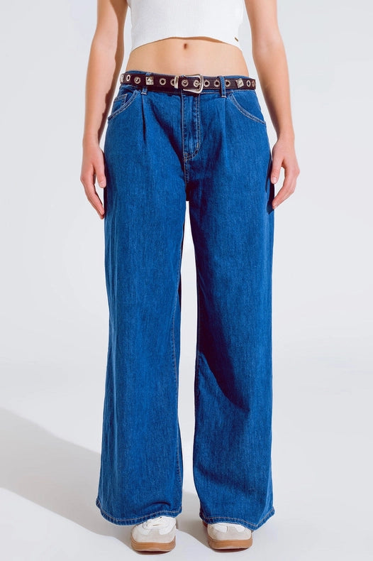 Boyfriend Wide Leg Five Pocket Jeans In Dark Wash