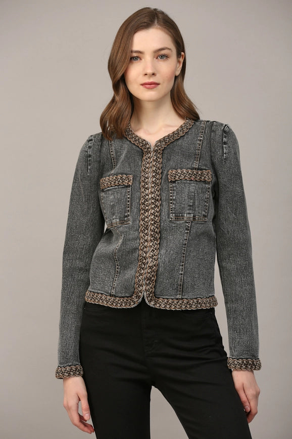 Braided Trim Jean Jacket  BLACK DENIM