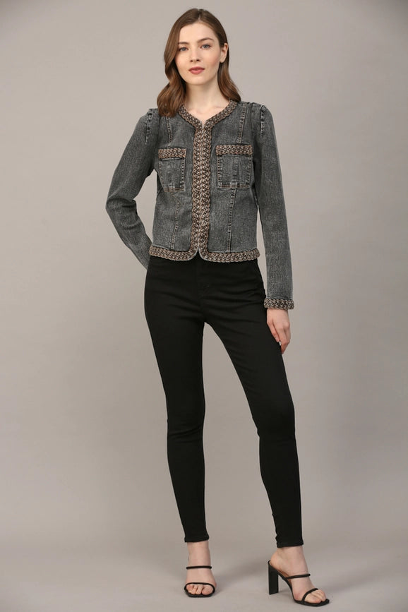 Braided Trim Jean Jacket  BLACK DENIM