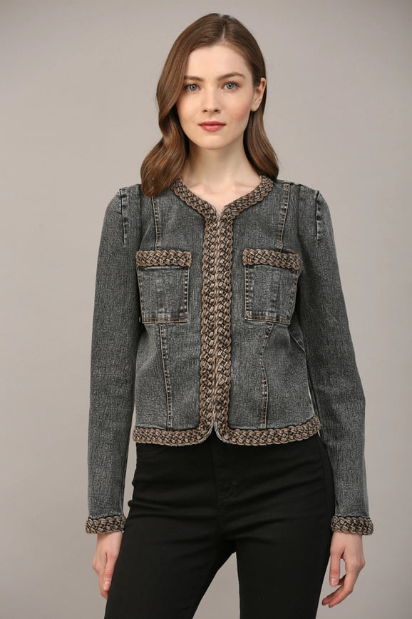 Braided Trim Jean Jacket  BLACK DENIM