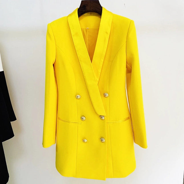 Bright Yellow Color Satin Collar Suit Dress-Dress-Productseeker-Urbanheer