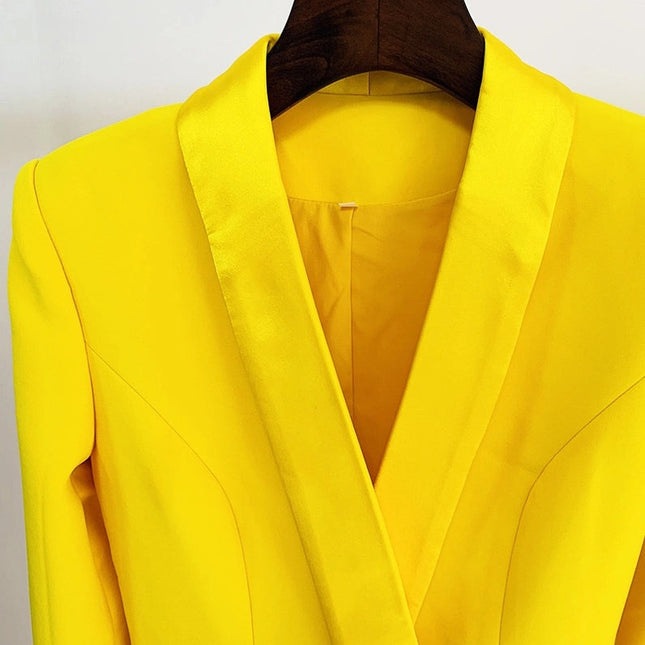 Bright Yellow Color Satin Collar Suit Dress-Dress-Productseeker-Urbanheer