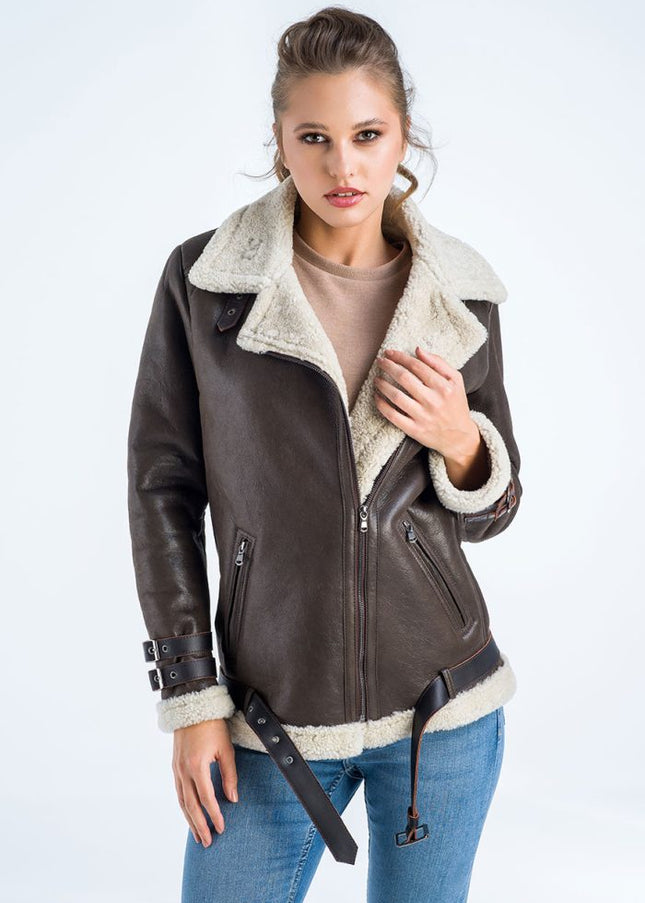 Brown Biker Bomber Sheepskin Jacket with Cream Shearling Fur-0