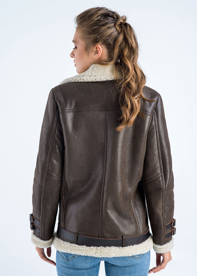 Brown Biker Bomber Sheepskin Jacket with Cream Shearling Fur-1