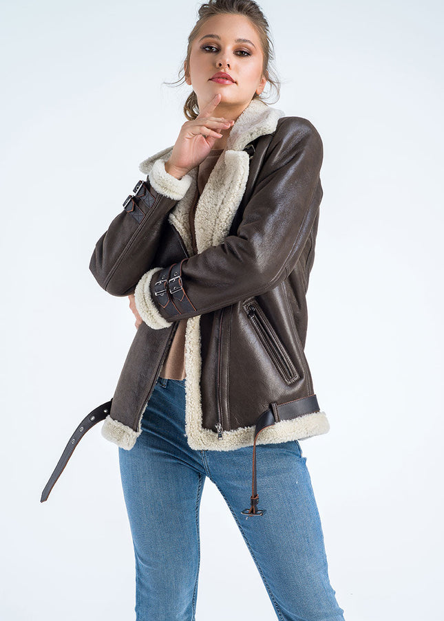 Brown Biker Bomber Sheepskin Jacket with Cream Shearling Fur-3