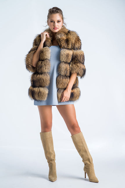 Brown Coat Style Short Sleeve Genuine Raccoon Fur Vest-0