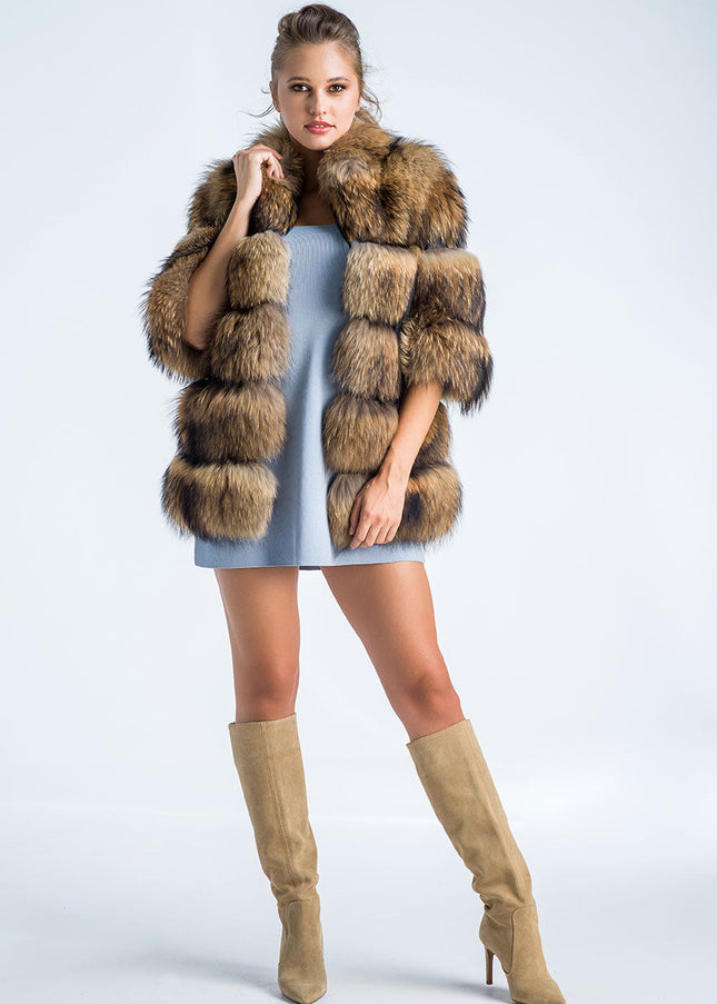 Brown Coat Style Short Sleeve Genuine Raccoon Fur Vest-0