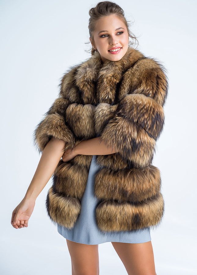 Brown Coat Style Short Sleeve Genuine Raccoon Fur Vest-3