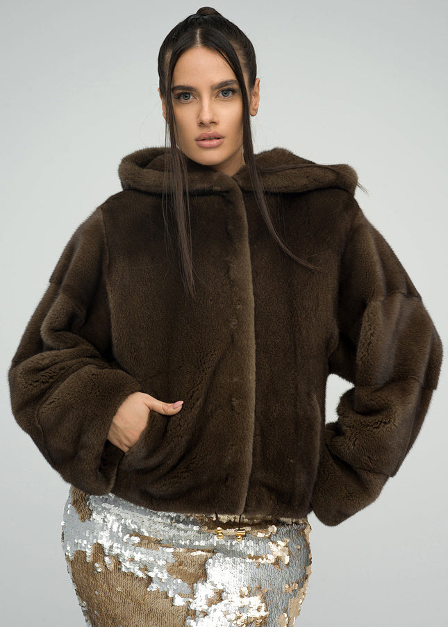 Brown Fluffy Hooded Mink Fur Coat-0