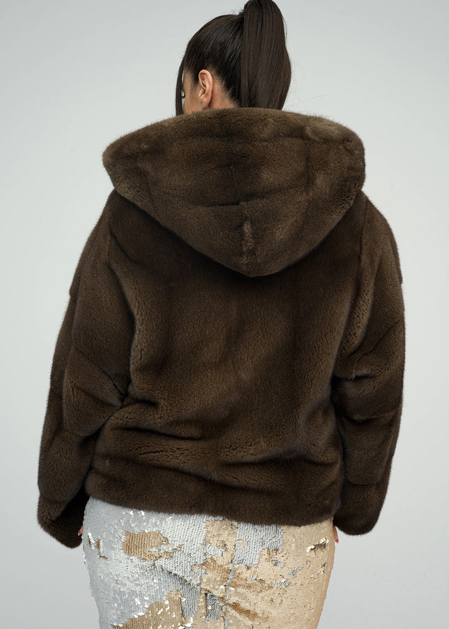 Brown Fluffy Hooded Mink Fur Coat-1