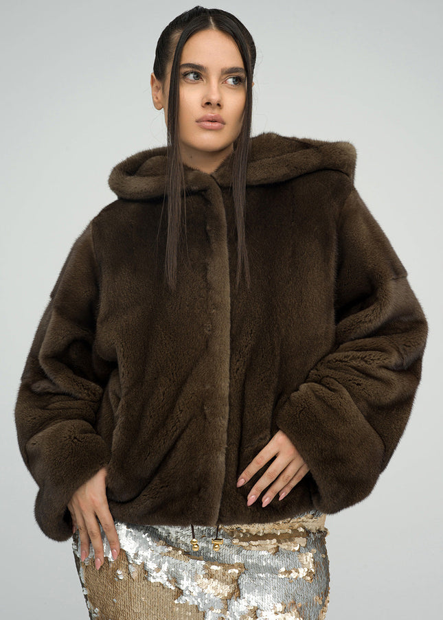 Brown Fluffy Hooded Mink Fur Coat-2