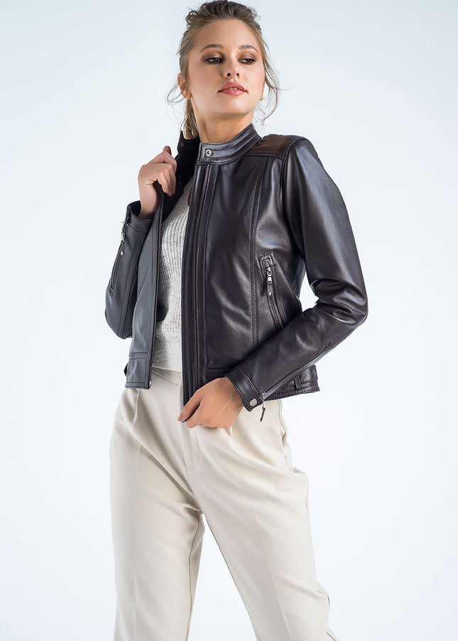 Brown Genuine Cropped Leather Jacket-0