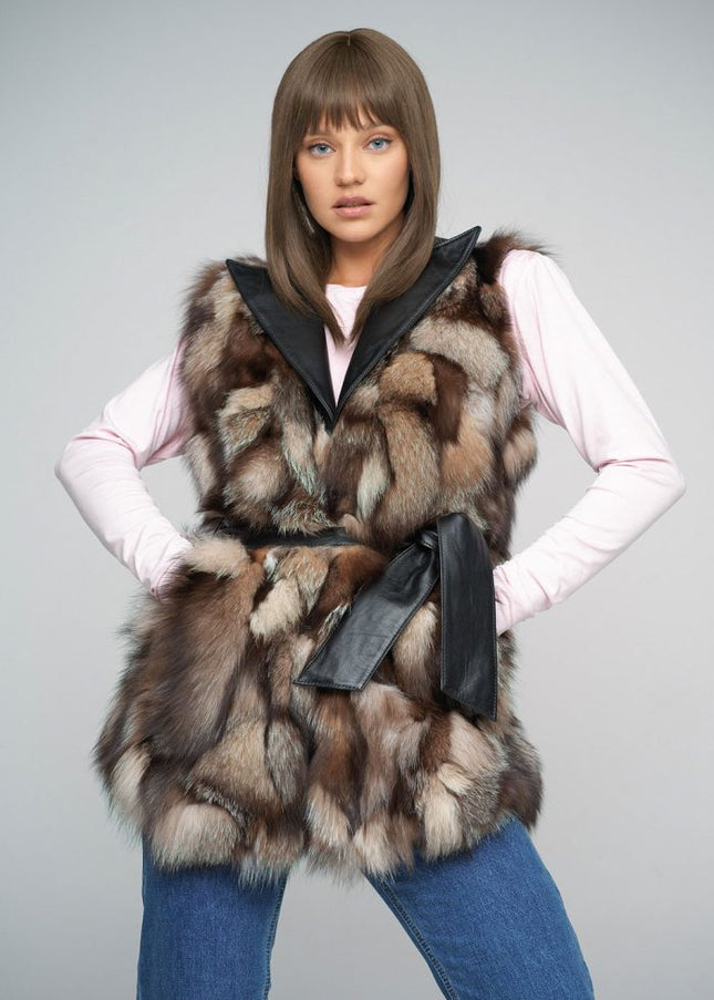 Brown Genuine Fox Fur Vest with Leather Belt-0