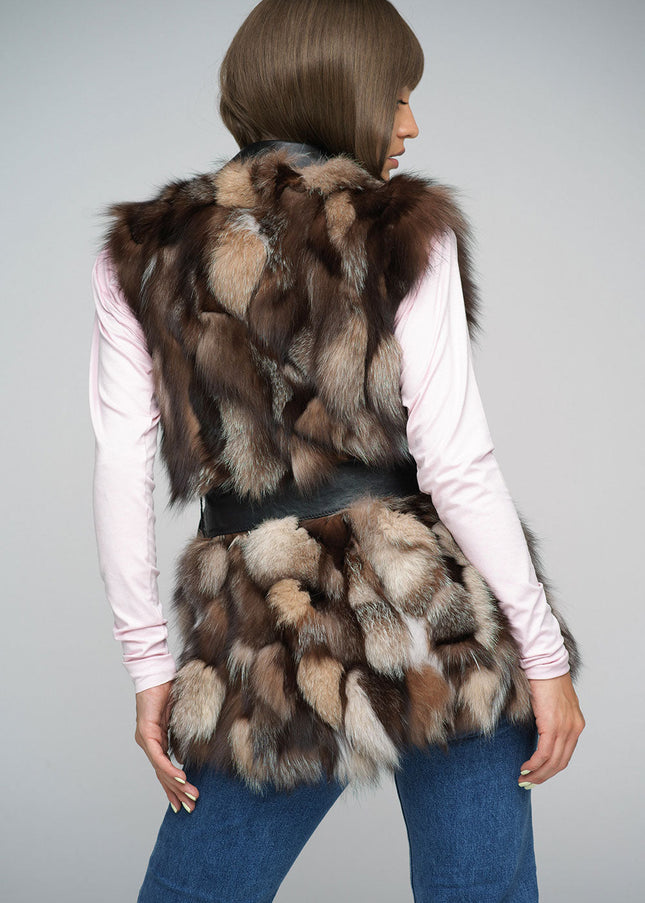 Brown Genuine Fox Fur Vest with Leather Belt-1