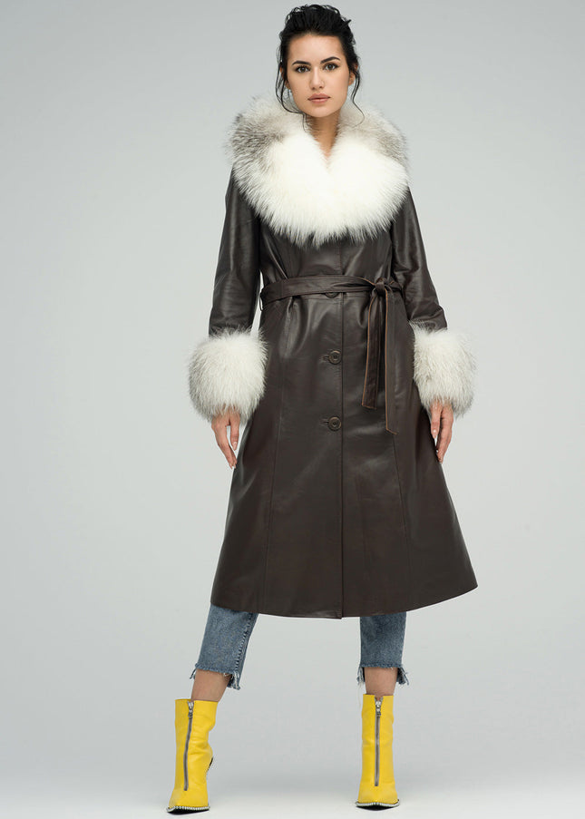 Brown Genuine Maxi Lambskin Overcoat with Arctic Fox Fur Collar and Cuffs-0