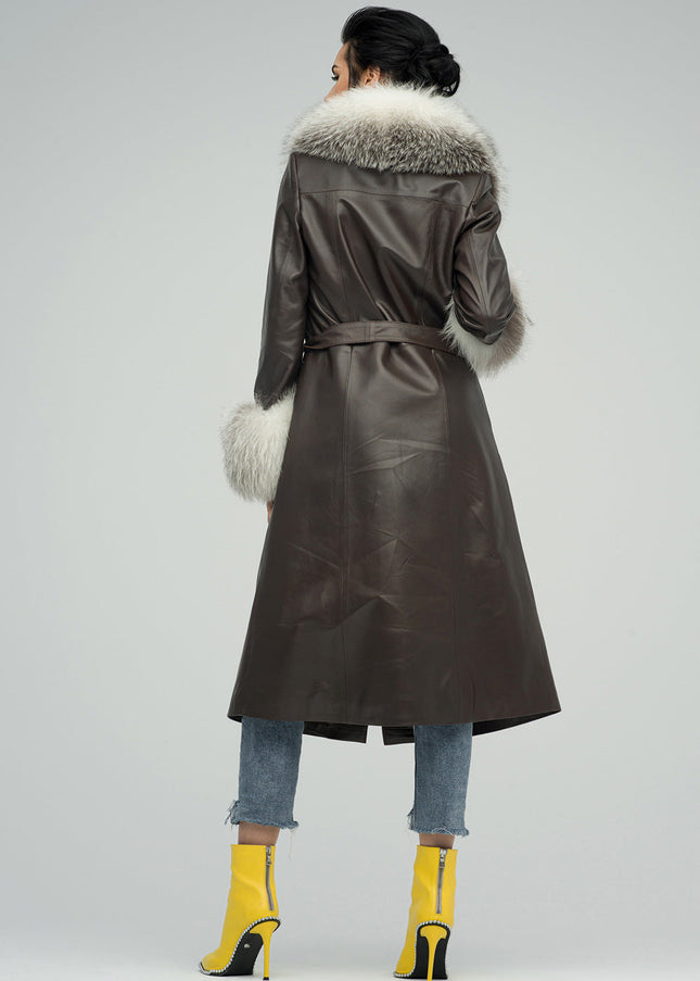 Brown Genuine Maxi Lambskin Overcoat with Arctic Fox Fur Collar and Cuffs-1