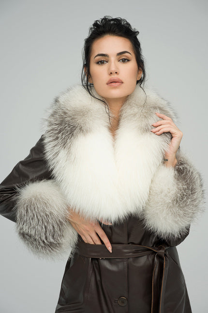 Brown Genuine Maxi Lambskin Overcoat with Arctic Fox Fur Collar and Cuffs-2