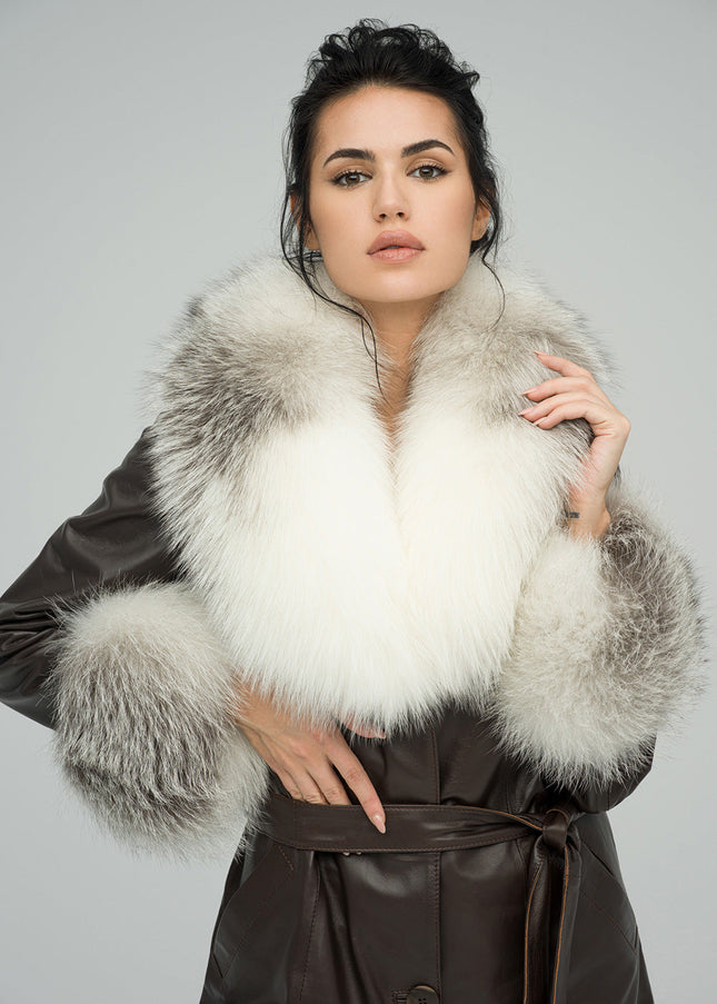 Brown Genuine Maxi Lambskin Overcoat with Arctic Fox Fur Collar and Cuffs-2