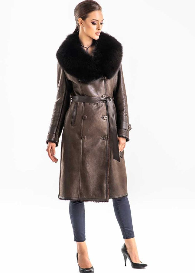 Brown Genuine Merino Shearling Coat with Arctic Fox Fur Collar-0