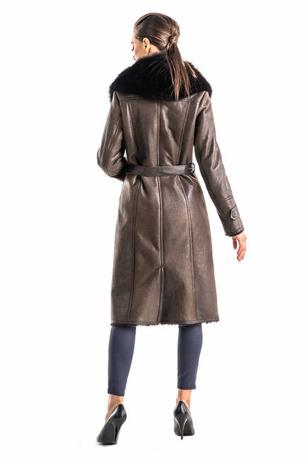 Brown Genuine Merino Shearling Coat with Arctic Fox Fur Collar-1