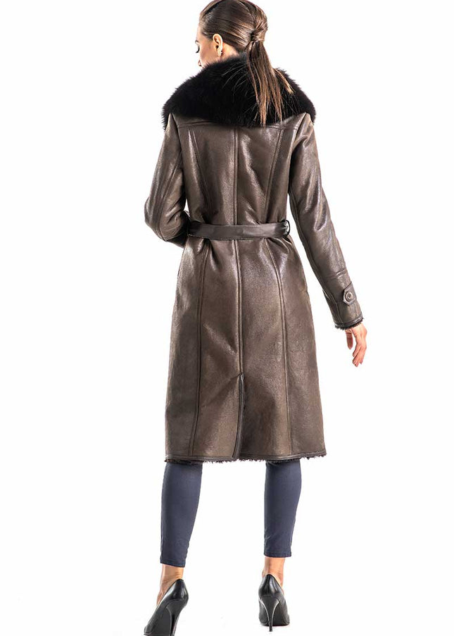 Brown Genuine Merino Shearling Coat with Arctic Fox Fur Collar-1