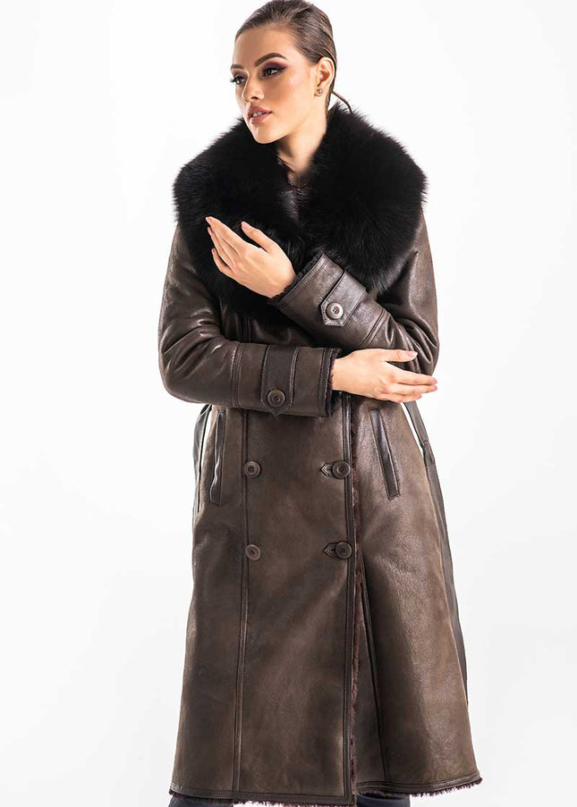 Brown Genuine Merino Shearling Coat with Arctic Fox Fur Collar-2