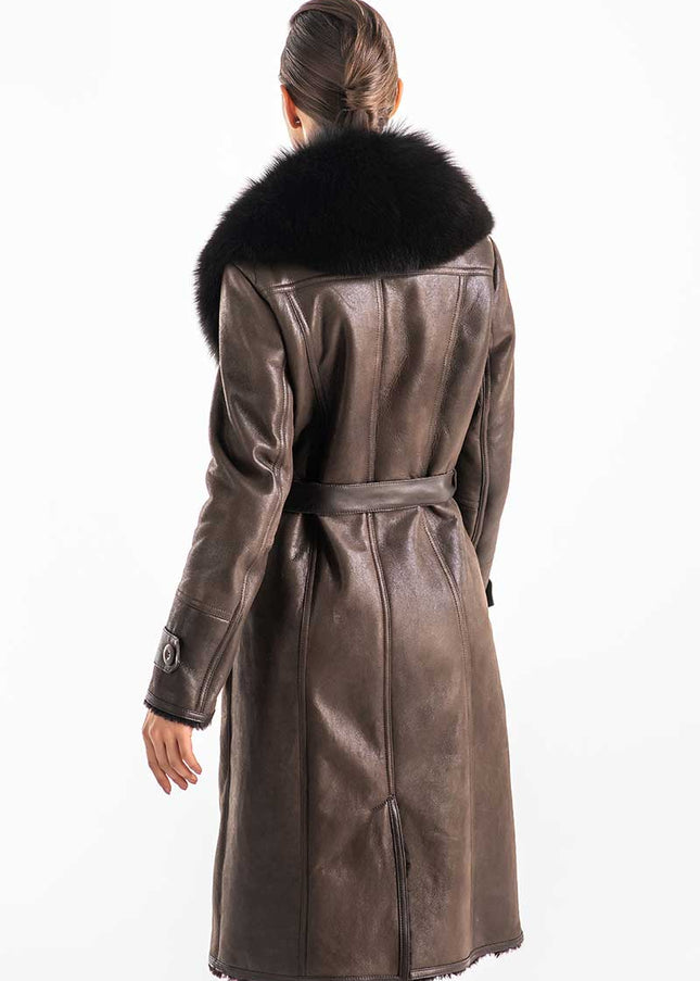 Brown Genuine Merino Shearling Coat with Arctic Fox Fur Collar-3