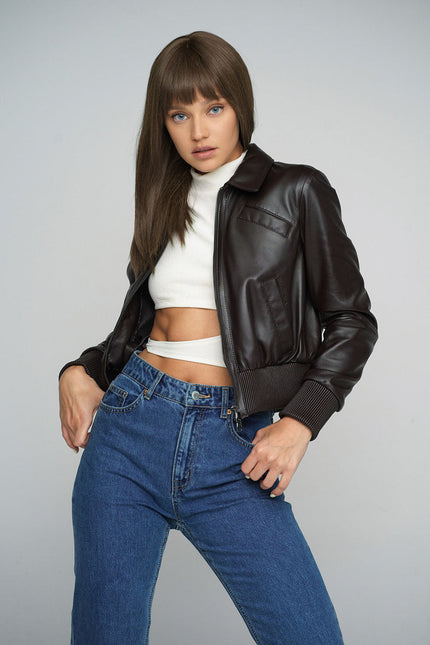 Brown Genuine Sheepskin Cropped Jacket-0