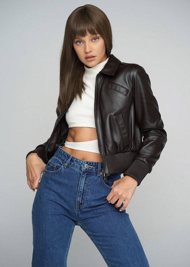 Brown Genuine Sheepskin Cropped Jacket-0