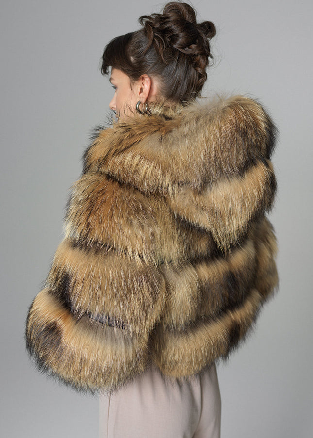 Brown Hooded Arctic Fox Raccoon Fur Jacket-1